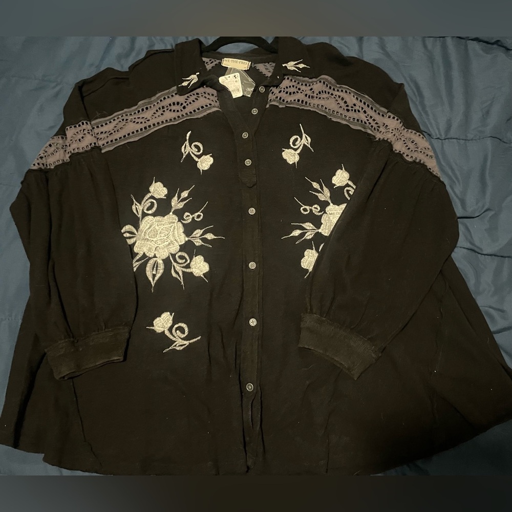 NWT Free People Embroidered Button Up Long Sleeve